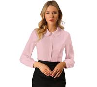 Allegra K Women's Button Up Shirt Business Casual Career Peter Pan Collar Long Bishop Sleeve Blouse, Pink, XS