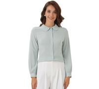 Allegra K Women's Button Up Shirt Career Peter Pan Collar Long Bishop Sleeve Blouse Pea Green M