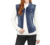 Allegra K Women's Buttoned Washed Denim Vest Jacket W Chest Flap Pockets Dark Blue XL