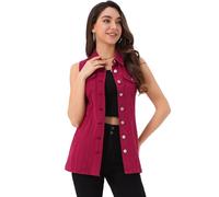 Allegra K Women's Casual Button Down Sleeveless Mid Long Denim Jean Vest Waistcoat Jacket Dark Red L