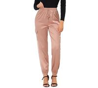 Allegra K Women's Casual Drawstring Elastic High Waist Tie Silky Satin Cargo Pants Gray-Pink L