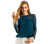 Allegra K Women's Chiffon Tops Elegant Wedding Guets Sheer Mesh Lace Long Sleeve Blouse, Dark Blue, S