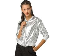 Allegra K Women's Christmas Costumes Sparkly Holographic Lightweight Tinsel 90S Shiny Metallic Bomber Jacket Silver M