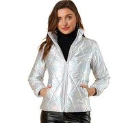 Allegra K Women's Christmas Holographic Shiny Zipper Metallic Down Puffer Jacket, Silver, Medium