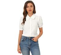 Allegra K Women's Collared Top Peter Pan Collar Short Sleeve Button Front Shirt White L-16