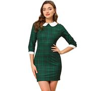 Allegra K Women's Contrast Peter Pan Collar Keyhole Back Plaid Bodycon Dresses Green Blue 8