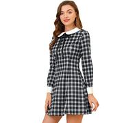 Allegra K Women's Contrast Peter Pan Collar Long Sleeve A-Line Plaid Dress Black 8