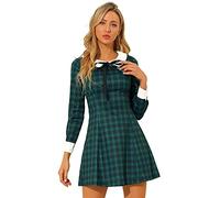 Allegra K Women's Contrast Peter Pan Collar Long Sleeve A-Line Plaid Dress Green 8
