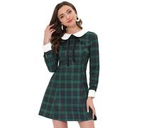 Allegra K Women's Contrast Peter Pan Collar Long Sleeve A-Line Plaid Dress Green Blue 4