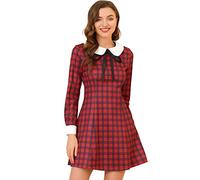 Allegra K Women's Contrast Peter Pan Collar Long Sleeve A-Line Plaid Dress Red 8