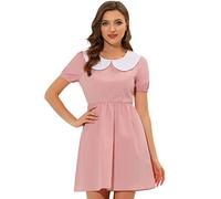 Allegra K Women's Contrast Peter Pan Collar Puff Short Sleeve A-line Dress, Pink, Large