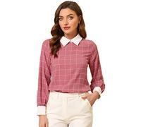 Allegra K Women's Contrast Turndown Collar Button Back Check Plaid Work Shirt Pink 20
