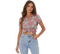 Allegra K Women's Cotton Classic Button Down Western Plaid Shirt Watermelon Red Green S