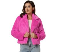Allegra K Women's Cropped Jacket Notch Lapel Faux Fur Fluffy Coat Hot Pink S