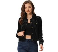Allegra K Women's Cropped Jacket Velvet Retro Button Up Slash Pockets Old Fashion Casual Jackets Black L