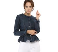 Allegra K Women's Denim Cropped Ruffle Round Neck Button Down Long Sleeve Peplum Jacket Blue L