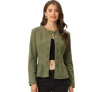 Allegra K Women's Denim Round Neck Button Down Long Sleeve Cropped Ruffle Peplum Jacket Army Green XL