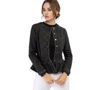 Allegra K Women's Denim Round Neck Button Down Long Sleeve Cropped Ruffle Peplum Jacket Black L-16