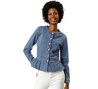 Allegra K Women's Denim Round Neck Button Down Long Sleeve Cropped Ruffle Peplum Jacket Light Blue L
