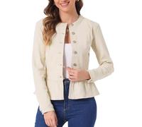 Allegra K Women's Denim Round Neck Button Down Long Sleeve Cropped Ruffle Peplum Jacket Oyster white XL