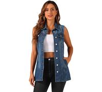 Allegra K Women's Denim Vest Sleeveless Button Down Waistcoat Casual Long Jean Vests, Dark Blue, L
