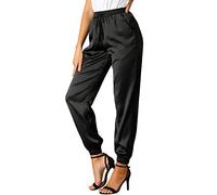 Allegra K Women's Drawstring Elastic Waist Athleisure Pants Ankle Length Satin Joggers with Pocket, Black, XL