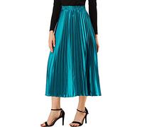 Allegra K Women's Elastic Waist Party Metallic Shiny Accordion Pleated Midi Skirt Peacock Blue M-12