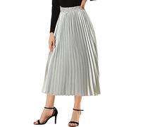 Allegra K Women's Elastic Waist Party Metallic Shiny Accordion Pleated Midi Skirt Silver Tone S
