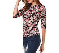 Allegra K Women's Elbow Sleeves Top Round Neck Slim Fit Basic Tee Casual Printed T-Shirt, Black-Floral, S