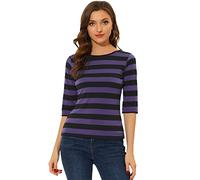 Allegra K Women's Elbow Sleeves Top Round Neck Slim Fit Basic Tee Casual Printed T-Shirt, Black Purple-striped, XS
