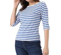 Allegra K Women's Elbow Sleeves Top Round Neck Slim Fit Basic Tee Casual Printed T-Shirt Blue White-Striped L