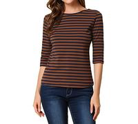 Allegra K Women's Elbow Sleeves Top Round Neck Slim Fit Basic Tee Casual Printed T-Shirt, Brown Navy-striped, L