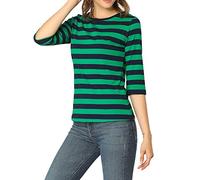 Allegra K Women's Elbow Sleeves Top Round Neck Slim Fit Basic Tee Casual Printed T-Shirt, Green Dark Blue-Striped, XL