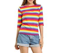 Allegra K Women's Elbow Sleeves Top Round Neck Slim Fit Basic Tee Casual Printed T-Shirt, Multicolor-striped, L