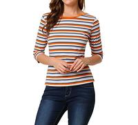 Allegra K Women's Elbow Sleeves Top Round Neck Slim Fit Basic Tee Casual Printed T-Shirt Multicolor White-Striped L