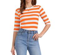 Allegra K Women's Elbow Sleeves Top Round Neck Slim Fit Basic Tee Casual Printed T-Shirt Orange White-Striped L