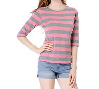 Allegra K Women's Elbow Sleeves Top Round Neck Slim Fit Basic Tee Casual Printed T-Shirt Pink-Striped XXL