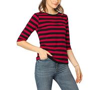 Allegra K Women's Elbow Sleeves Top Round Neck Slim Fit Basic Tee Casual Printed T-Shirt, Red Black-Striped, XL