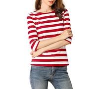 Allegra K Women's Elbow Sleeves Top Round Neck Slim Fit Basic Tee Casual Printed T-Shirt, Red White-striped, S