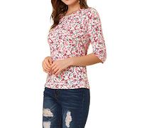 Allegra K Women's Elbow Sleeves Top Round Neck Slim Fit Basic Tee Casual Printed T-Shirt, White-Floral, S