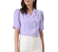 Allegra K Women's Elegant 2023 Short Sleeve Button Down Shirt Exquisite Camp Collar Tops Blouse Purple L