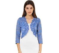 Allegra K Women's Elegant 3/4 Sleeve Sheer Floral Lace Shrug Top, Gray Blue, L