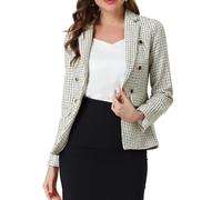Allegra K Women's Elegant Plaid Jacket Long Sleeve Open Front Tweed Blazer Beige M