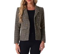 Allegra K Women's Elegant Plaid Jacket Long Sleeve Open Front Tweed Blazer Khaki Black XS