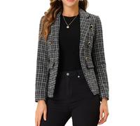 Allegra K Women's Elegant Plaid Long Sleeve Lapel Open Front Tweed Blazer Jacket Coat Black S-8