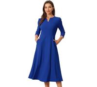 Allegra K Women's Elegant V Neck Pockets 3/4 Sleeve Work A-Line Dress Royal Blue S