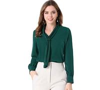 Allegra K Women's Elegant Work Office Blouse Long Sleeve Pleated Tie Neck Top Shirt Dark Green M-12