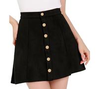 Allegra K Women's Faux Suede Button Closure A-Line High Waisted Flared Mini Short Skirt Black XS