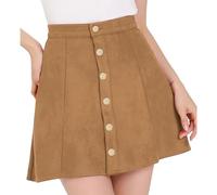 Allegra K Women's Faux Suede Button Closure A-Line High Waisted Flared Mini Short Skirt Brown XL