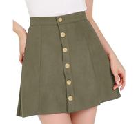 Allegra K Women's Faux Suede Button Closure A-Line High Waisted Flared Mini Short Skirt Green L-16